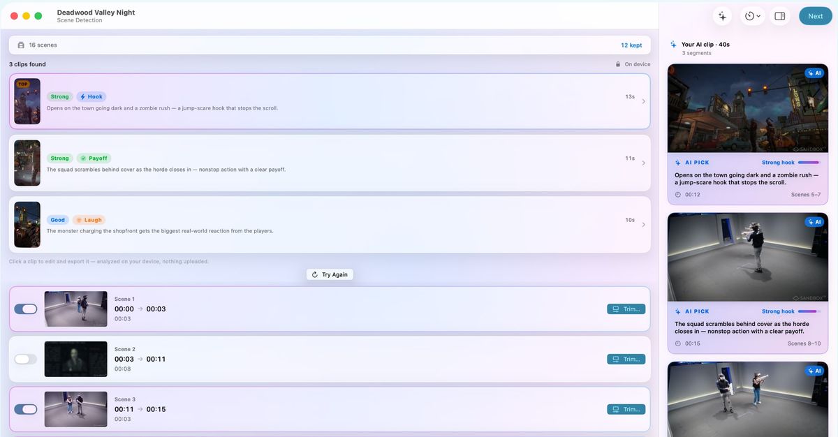 Clipolette after scanning a gameplay recording: 16 scenes detected, 12 kept, and 3 clips found on the device, each rated with the reason it was picked — Strong for a jump-scare hook, Strong for a clear payoff.