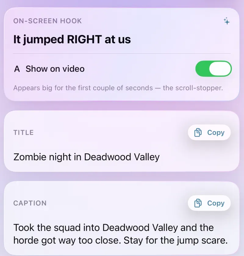 Clipolette on iPhone, Post Kit: the on-screen hook "It jumped RIGHT at us" with Show on video switched on, then a written title and caption, each with a Copy button.